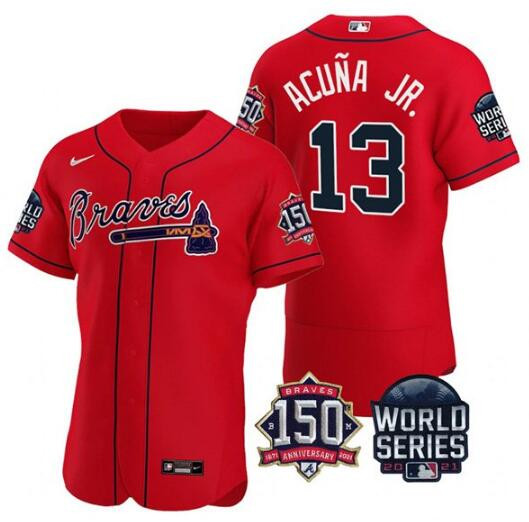 Men's Atlanta Braves #13 Ronald Acuna Jr. 2021 Red World Series With 150th Anniversary Patch Stitched Baseball Jersey