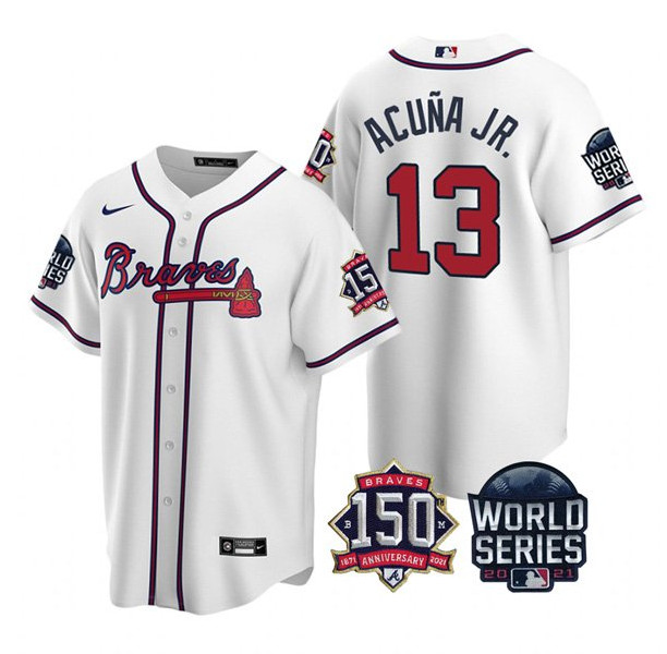 Men's Atlanta Braves #13 Ronald Acuna Jr. 2021 White World Series With 150th Anniversary Patch Cool Base Stitched Jersey