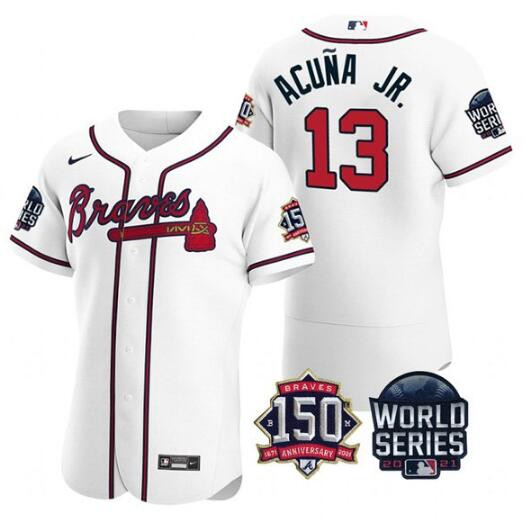 Men's Atlanta Braves #13 Ronald Acuna Jr. 2021 White World Series With 150th Anniversary Patch Stitched Baseball Jersey