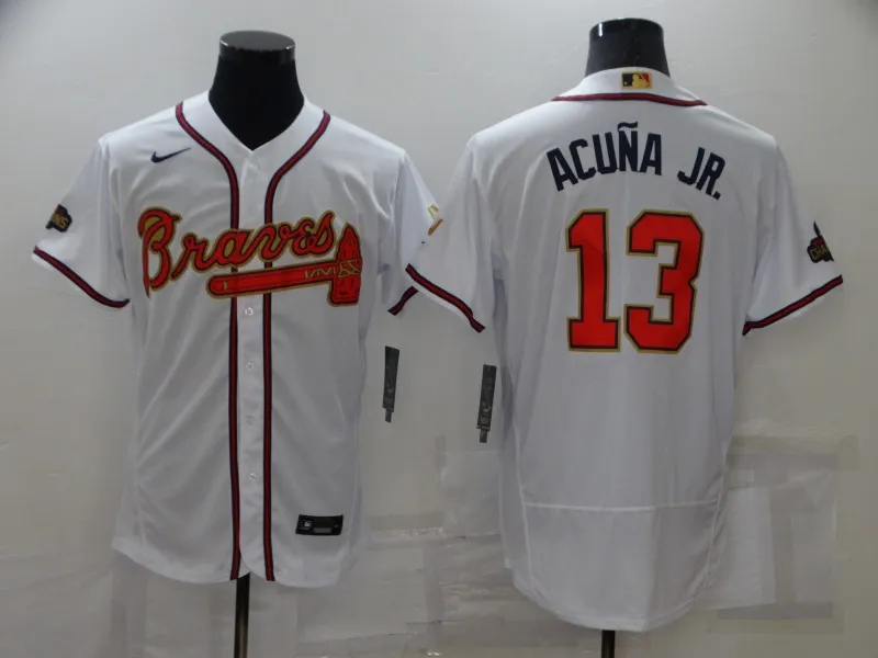 Men's Atlanta Braves #13 Ronald Acuna Jr 2022 White Gold World Series Champions Program Flex Base Stitched Baseball Jersey
