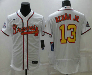Men's Atlanta Braves #13 Ronald Acuna Jr White Gold 2021 World Series Champions Stitched MLB Flex Base Jersey