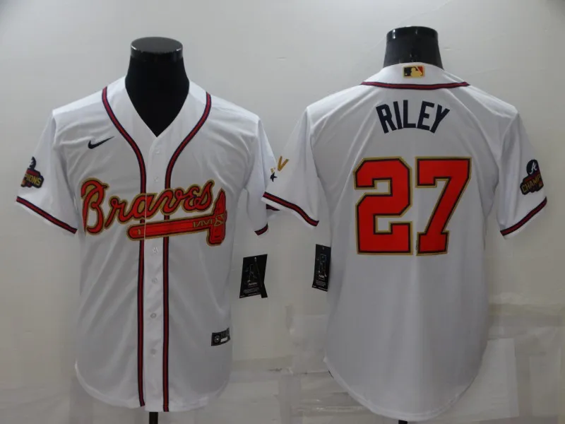 Men's Atlanta Braves #27 Austin Riley 2022 White Gold World Series Champions Program Cool Base Stitched Baseball Jersey