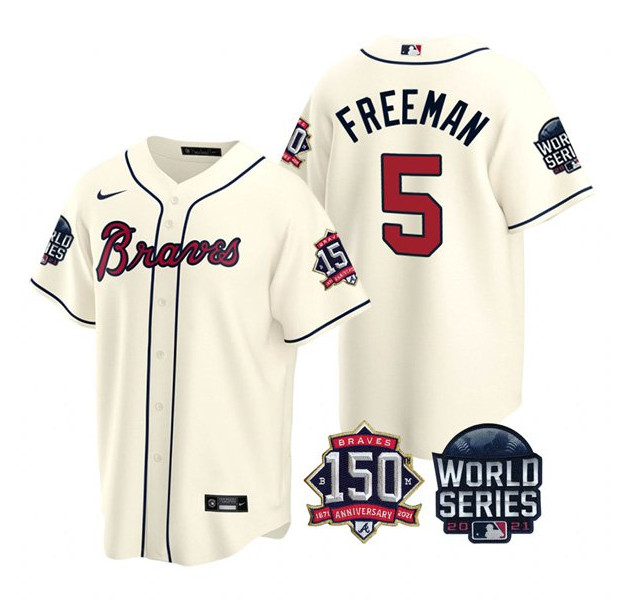 Men's Atlanta Braves #5 Freddie Freeman 2021 Cream World Series With 150th Anniversary Patch Cool Base Stitched Jersey