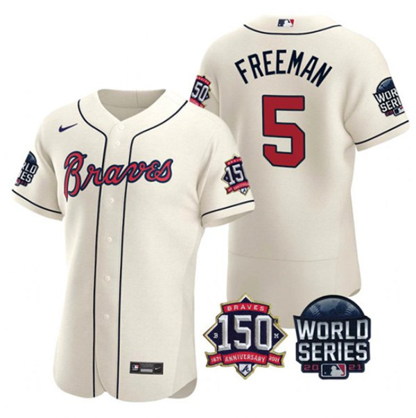 Men's Atlanta Braves #5 Freddie Freeman 2021 Cream World Series With 150th Anniversary Patch Stitched Baseball Jersey