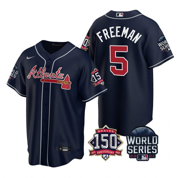 Men's Atlanta Braves #5 Freddie Freeman 2021 Navy World Series With 150th Anniversary Patch Cool Base Stitched Jersey