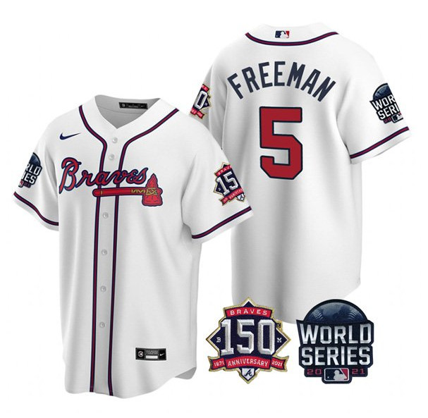 Men's Atlanta Braves #5 Freddie Freeman 2021 White World Series With 150th Anniversary Patch Cool Base Stitched Jersey