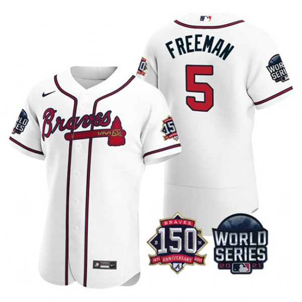 Men's Atlanta Braves #5 Freddie Freeman 2021 White World Series With 150th Anniversary Patch Stitched Baseball Jersey