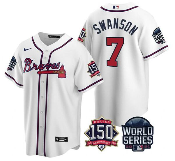 Men's Atlanta Braves #7 Dansby Swanson 2021 White World Series With 150th Anniversary Patch Cool Base Stitched Jersey