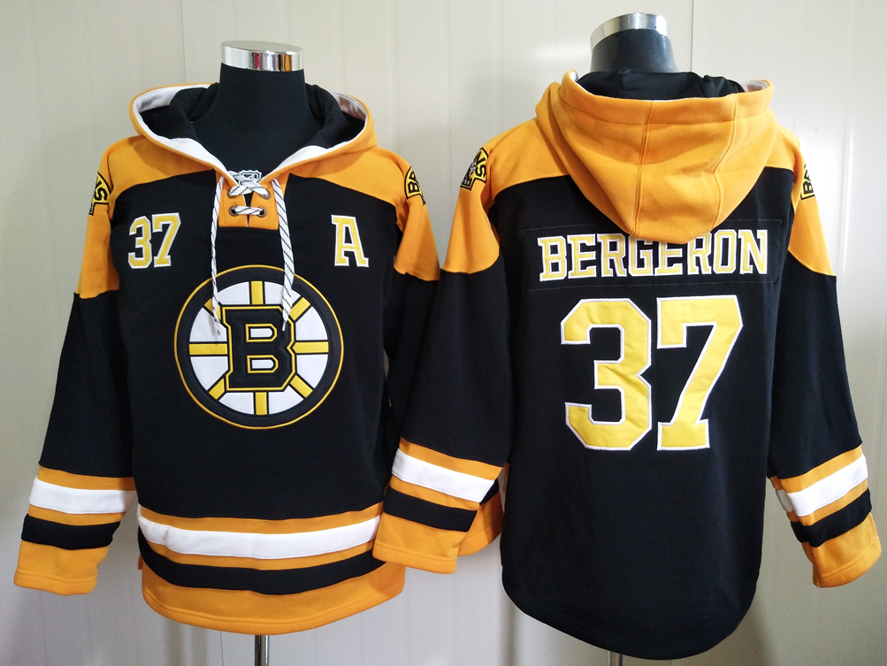 Men's Boston Bruins #37 Patrice Bergeron Black All Stitched Hooded Sweatshirt Ageless Must-Have Lace-Up Pullover Hoodie
