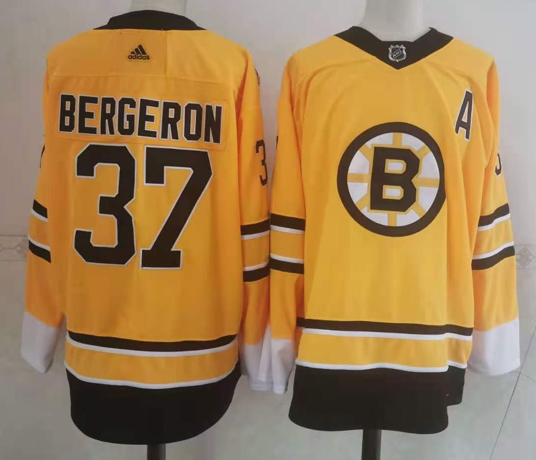 Men's Boston Bruins #37 Patrice Bergeron Yellow Adidas 2020-21 Stitched NHL Jersey