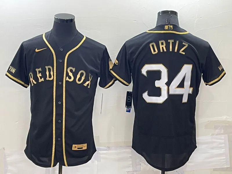 Men's Boston Red Sox #34 David Ortiz Black Gold Flex base Stitched Baseball Jersey