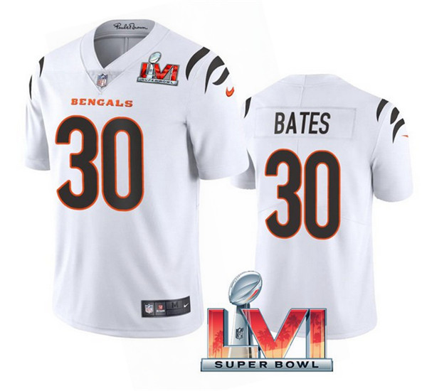 Men's Cincinnati Bengals #30 Jessie Bates 2022 White Super Bowl LVI Vapor Limited Stitched Jersey