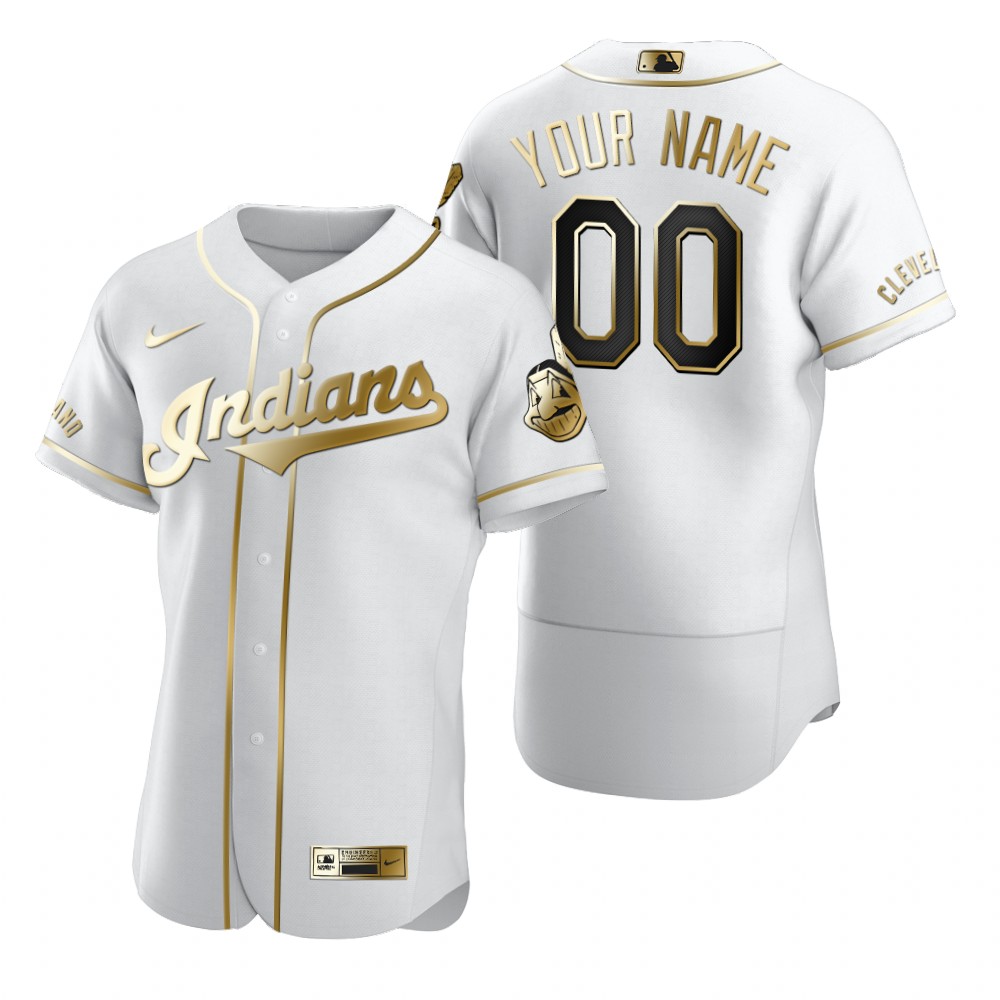 Men's Cleveland Indians Custom Nike White Stitched MLB Flex Base Golden Edition Jersey