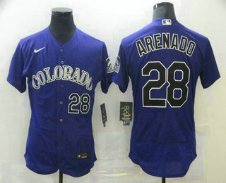 Men's Colorado Rockies #28 Nolan Arenado Purple Stitched MLB Flex Base Nike Jersey.