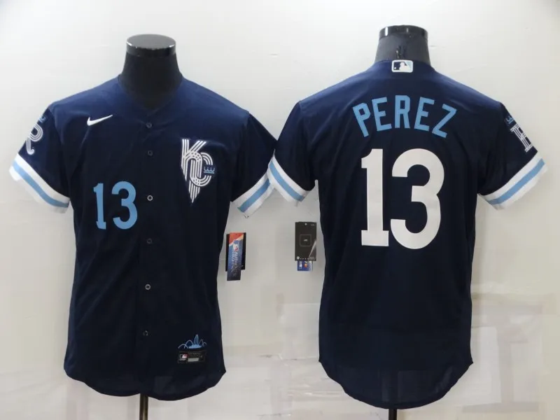 Men's Kansas City Royals #13 Salvador Perez Number 2022 Navy City Connect Flex Base Stitched MLB Jersey