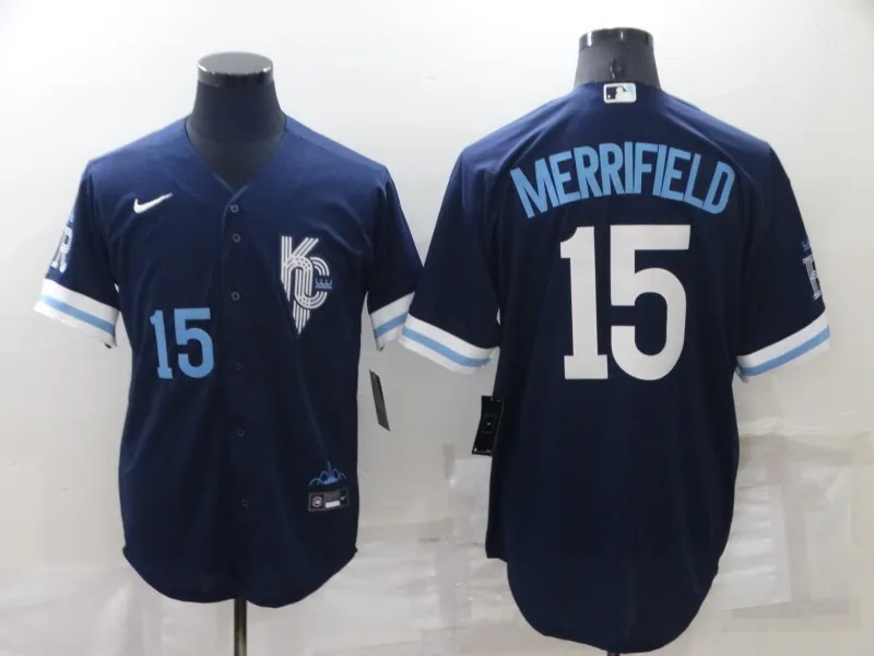 Men's Kansas City Royals #15 Whit Merrifield Number 2022 Navy Blue City Connect Cool Base Stitched Jersey