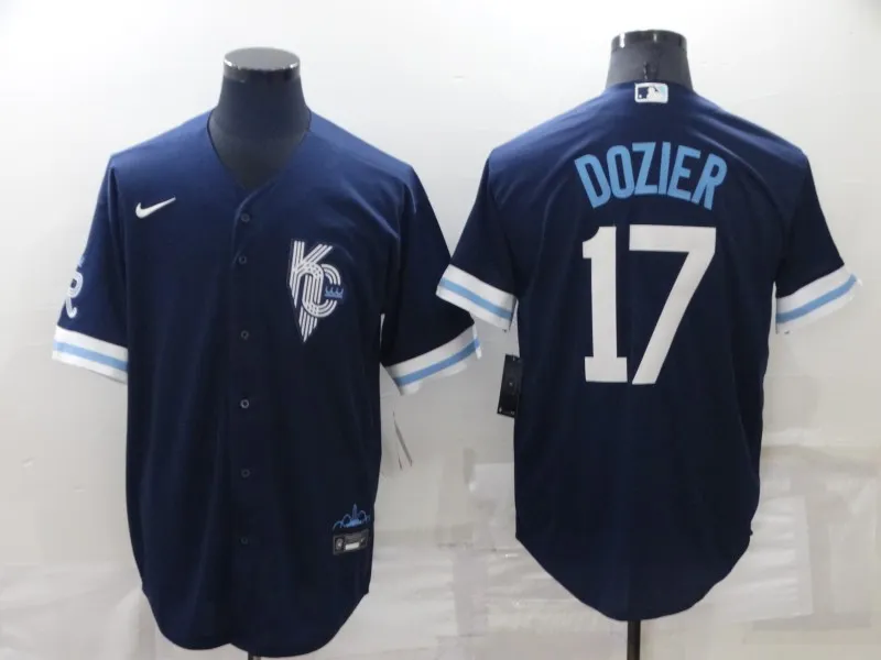Men's Kansas City Royals #17 Hunter Dozier 2022 Navy Blue City Connect Cool Base Stitched Jersey