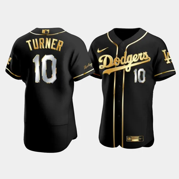 Men's Los Angeles Dodgers #10 Justin Turner Black Gold Flex Base Stitched Jersey