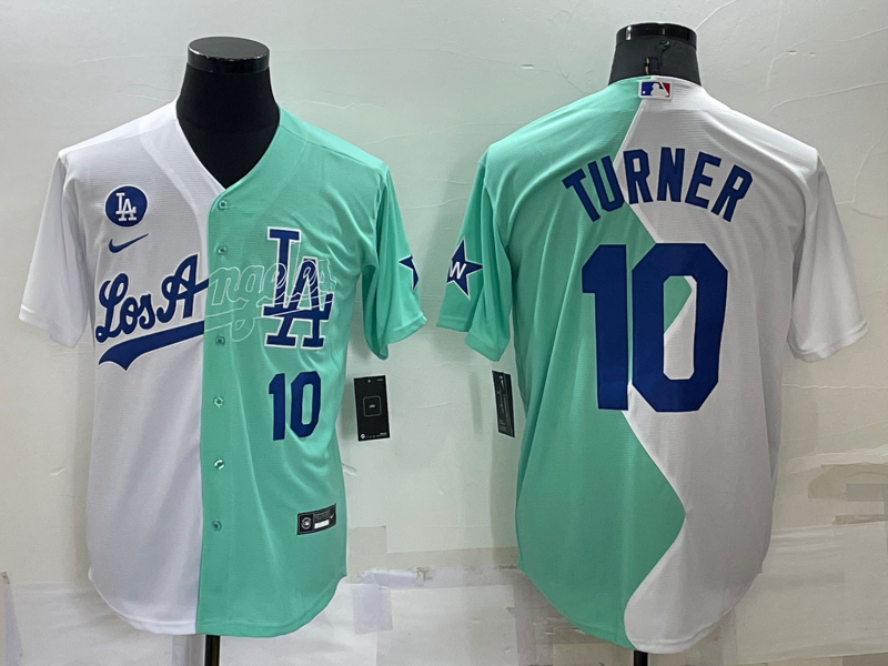 Men's Los Angeles Dodgers #10 Justin Turner White Green Number 2022 Celebrity Softball Game Cool Base Jersey