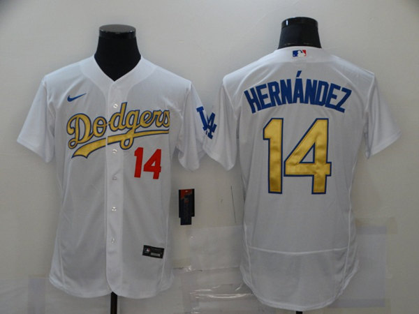 Men's Los Angeles Dodgers #14 Kiké Hernández 2021 White Gold Sttiched Jersey