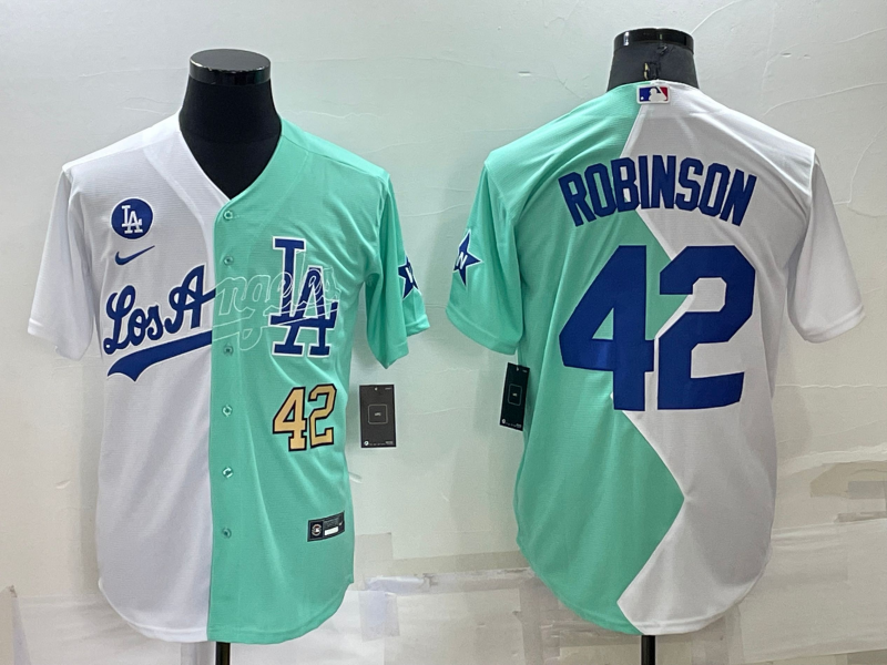 Men's Los Angeles Dodgers #42 Jackie Robinson White Green Number 2022 Celebrity Softball Game Cool Base Jersey