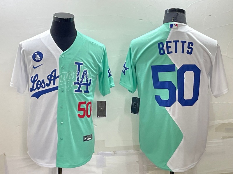 Men's Los Angeles Dodgers #50 Mookie Betts White Green Number 2022 Celebrity Softball Game Cool Base Jersey