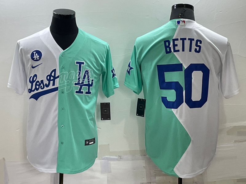 Men's Los Angeles Dodgers #50 Mookie Betts White Green Two Tone 2022 Celebrity Softball Game Cool Base Jersey