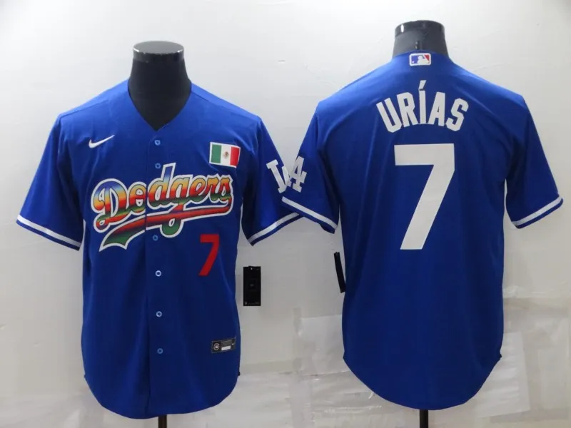 Men's Los Angeles Dodgers #7 Julio Urias Blue With Red Stitched MLB Cool Base Nike Fashion Jersey
