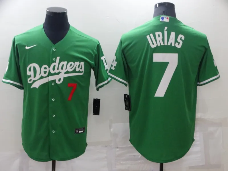 Men's Los Angeles Dodgers #7 Julio Urias Green St Patrick's Day 2021 Mexican Heritage Stitched Baseball Jersey