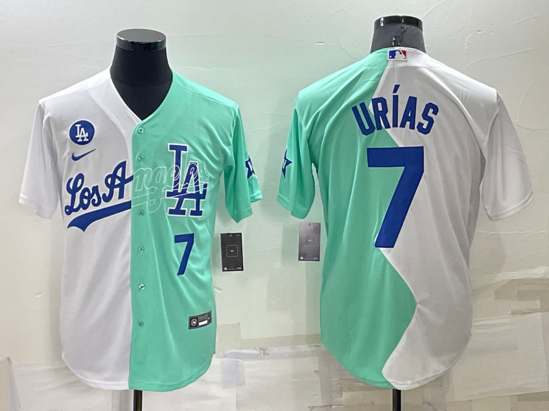 Men's Los Angeles Dodgers #7 Julio Urias White Green Number 2022 Celebrity Softball Game Cool Base Jersey1