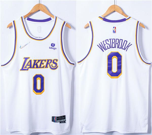 Men's Los Angeles Lakers #0 Russell Westbrook 75th Anniversary Bibigo White Stitched Basketball Jersey