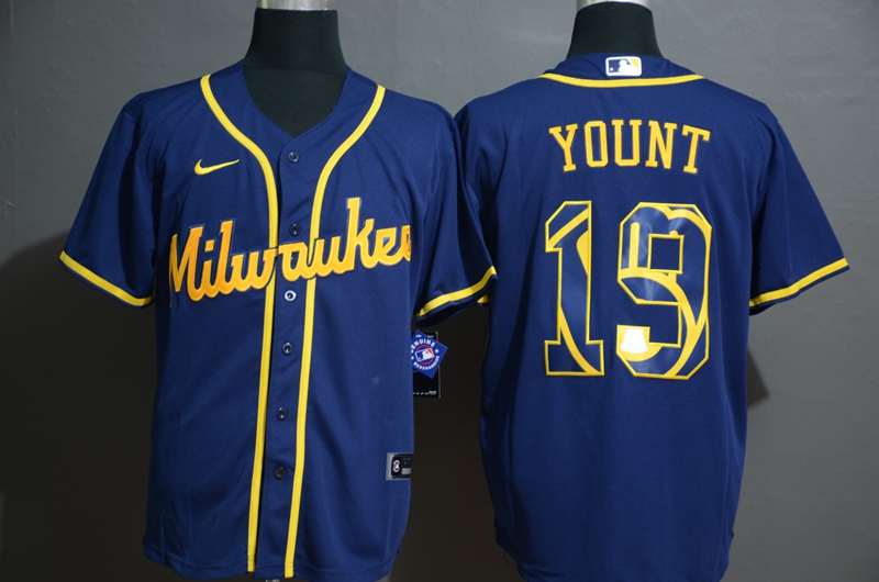 Men's Milwaukee Brewers #19 Robin Yount Blue White Team Logo Stitched MLB Cool Base Nike Jersey