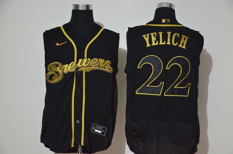 Men's Milwaukee Brewers #22 Christian Yelich Black Golden 2020 Cool and Refreshing Sleeveless Fan Stitched Flex Nike Jersey