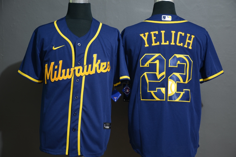 Men's Milwaukee Brewers #22 Christian Yelich Blue White Team Logo Stitched MLB Cool Base Nike Jersey