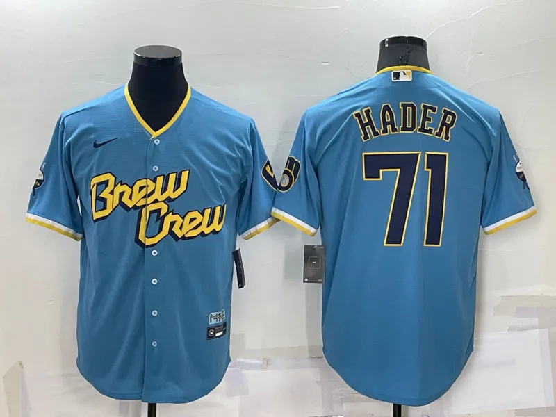 Men's Milwaukee Brewers #71 Josh Hader Blue 2022 City Connect Cool Base Stitched Jersey