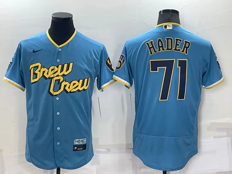Men's Milwaukee Brewers #71 Josh Hader Blue 2022 City Connect Flex Base Stitched Jersey