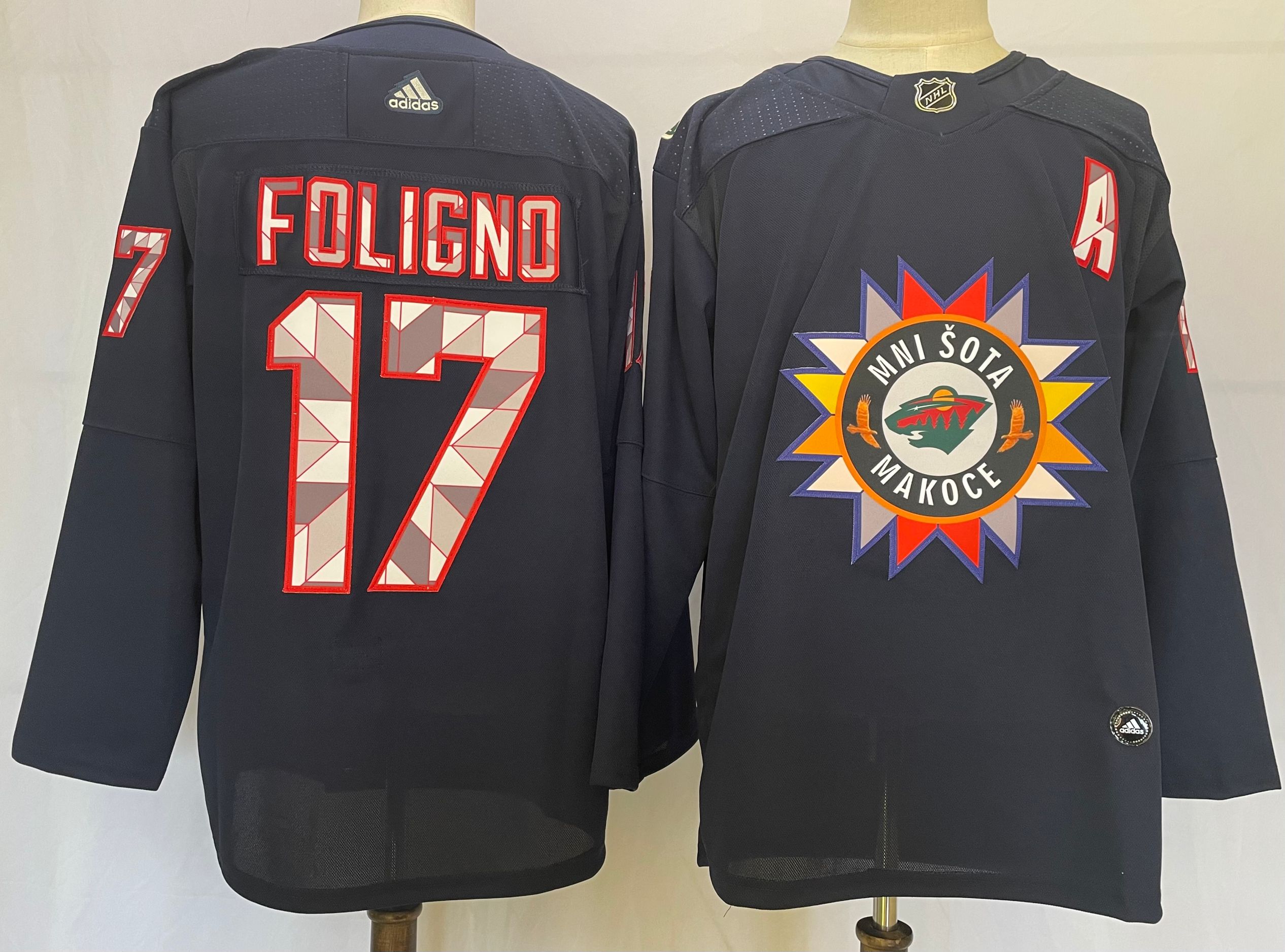 Men's Minnesota Wild #17 Marcus Foligno 2022 Navy Native American Heritage Day Stitched Jersey