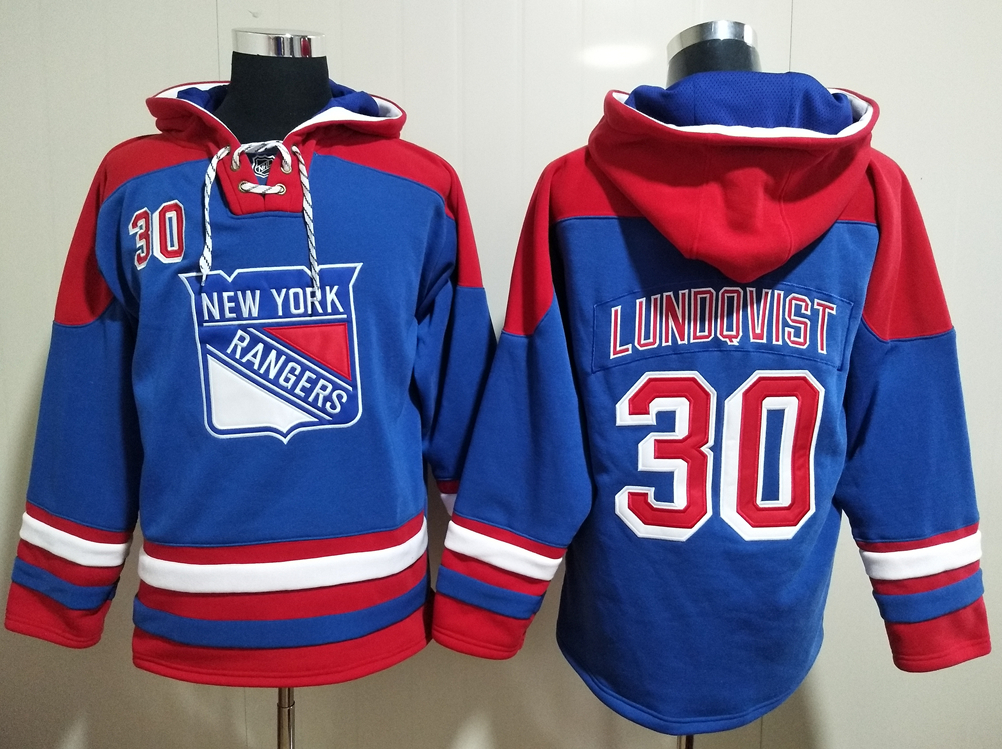 Men's New York Rangers #30 Henrik Lundqvist Blue All Stitched Hooded Sweatshirt Ageless Must-Have Lace-Up Pullover Hoodie