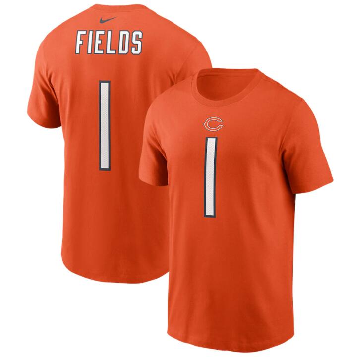 Men's Nike #1 Justin Fields Orange Chicago Bears 2021 NFL Draft First Round Pick Player Name & Number T-Shirt