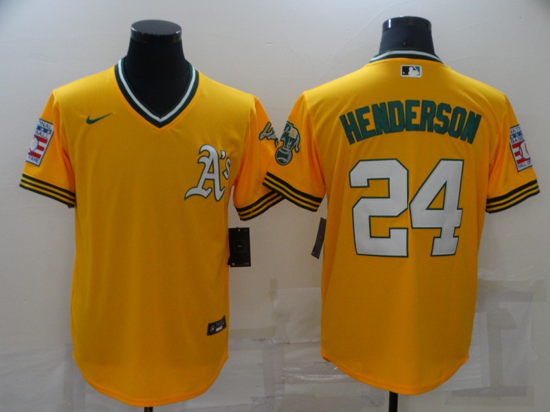 Men's Oakland Athletics #24 Rickey Henderson Yellow Nike Throwback Cool Base Jersey