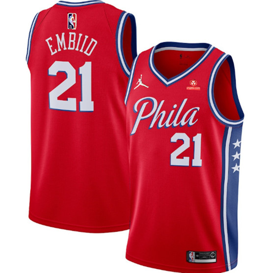 Men's Philadelphia 76ers #21 Joel Embiid Red Statement Edition Stitched Jersey