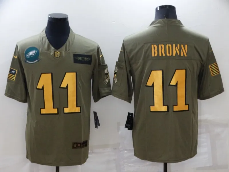 Men's Philadelphia Eagles #11 A. J. Brown Olive Gold Salute To Service Limited Stitched Jersey