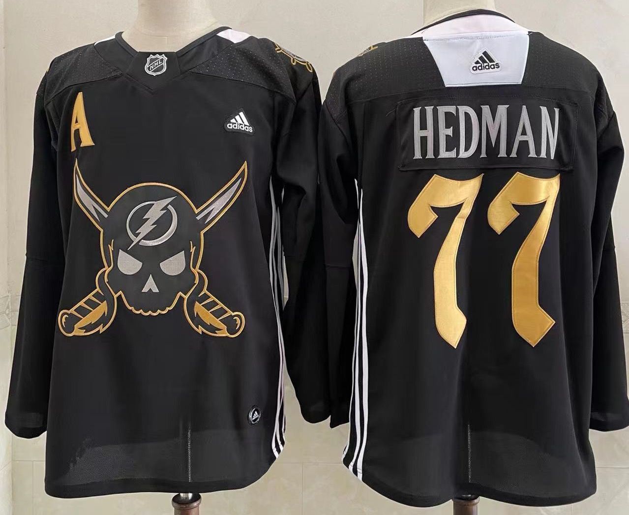 Men's Tampa Bay Lightning #77 Victor Hedman Black Pirate Themed Warmup Authentic Jersey