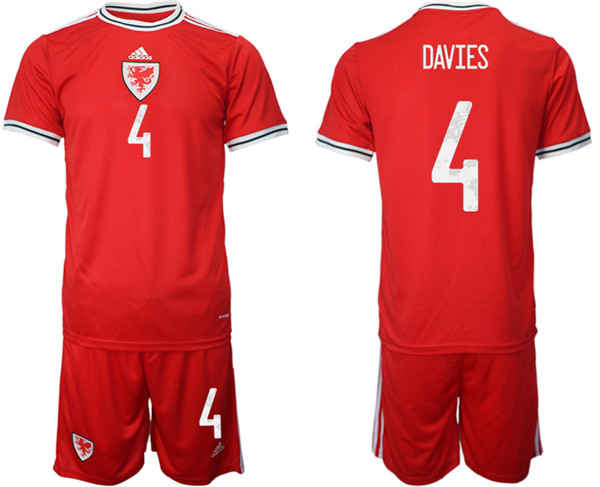 Men's Wales #4 Davies Red Home Soccer 2022 FIFA World Cup Jerseys