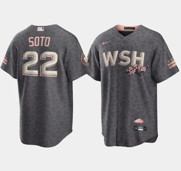 Men's Washington Nationals #22 Juan Soto 2022 Grey City Connect Cherry Blossom Cool Base Stitched Jersey