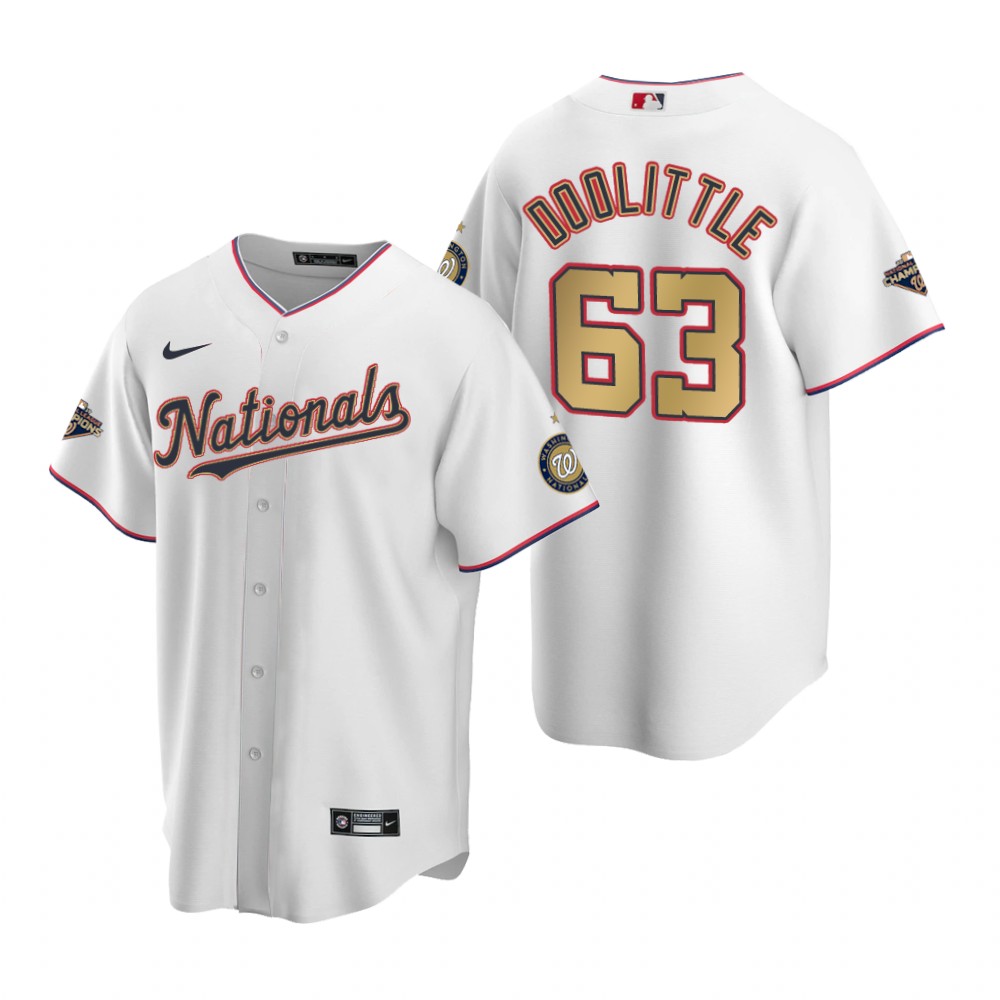 Men's Washington Nationals #63 Sean Doolittle White Gold 2019 World Series Champions Stitched MLB Cool Base Nike Jersey