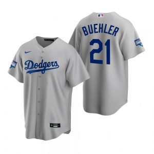 Men’s Los Angeles Dodgers #21 Walker Buehler Gray 2020 World Series Champions Replica Jersey