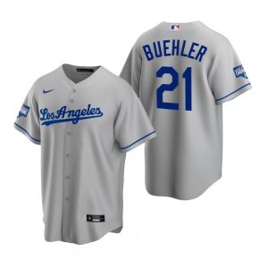 Men’s Los Angeles Dodgers #21 Walker Buehler Gray 2020 World Series Champions Road Replica Jersey