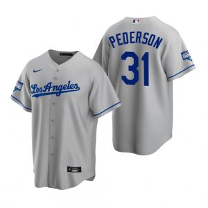 Men’s Los Angeles Dodgers #31 Joc Pederson Gray 2020 World Series Champions Road Replica Jersey