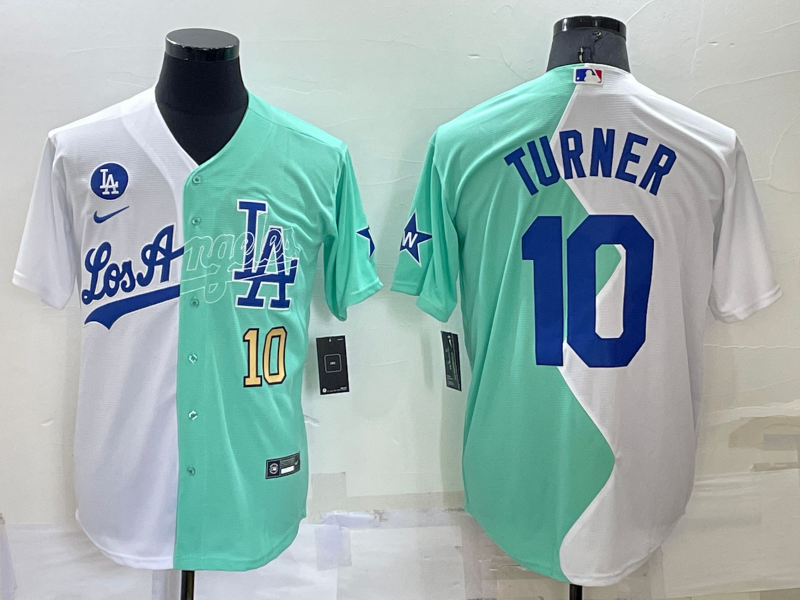 Mens Los Angeles Dodgers #10 Justin Turner White Green Number 2022 Celebrity Softball Game Cool Base Jersey